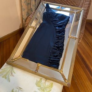 Black satin cocktail dress with side ruching